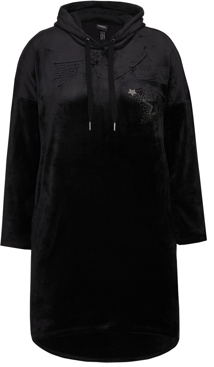 Ulla Popken Dames - Loungewear nicky-jurk capuchon lange mouwen gerecycled - Zwart - Maat 54+