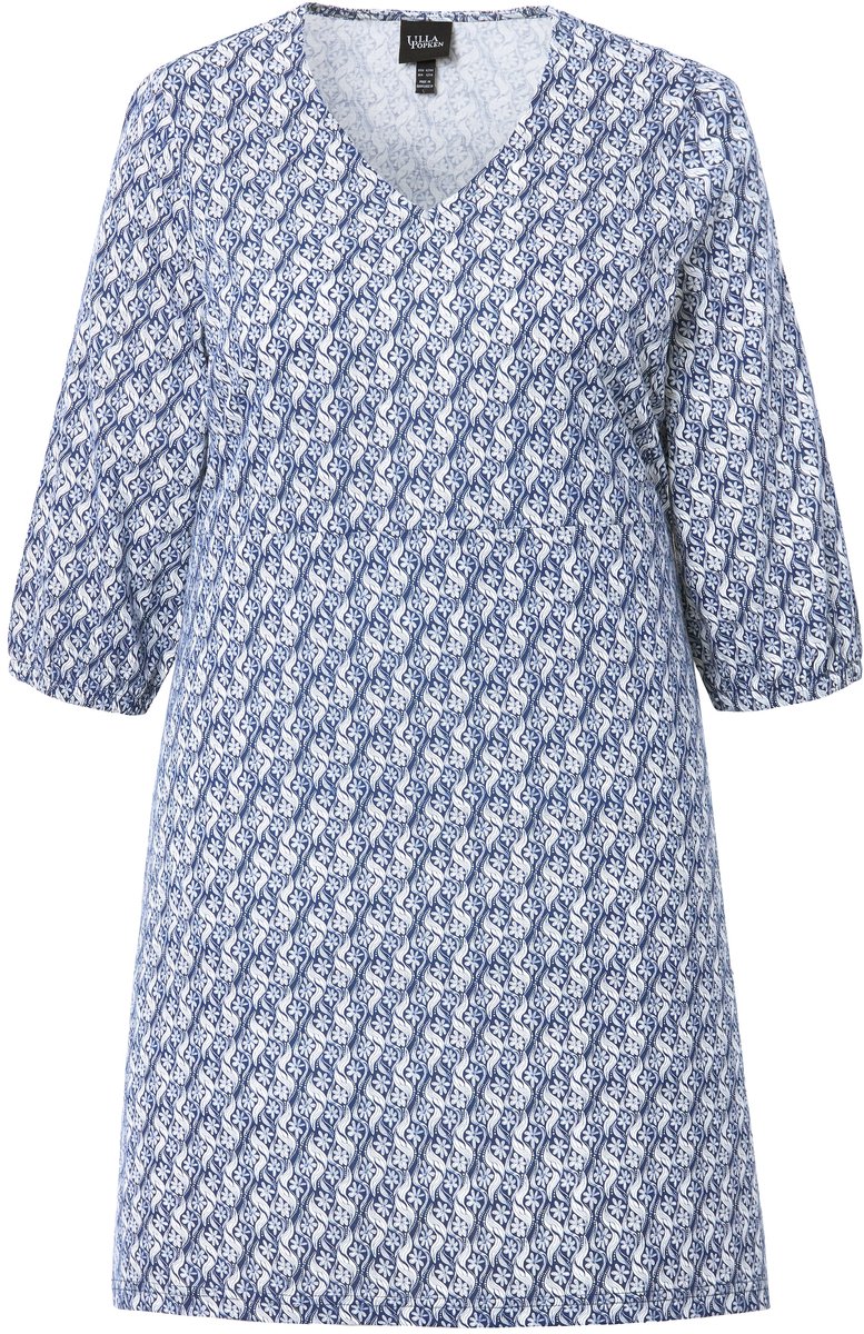 Ulla Popken Dames - Jersey jurk A-lijn dwarsnaad V-hals 3/4-mouwen - Inktblauw - Maat 54+