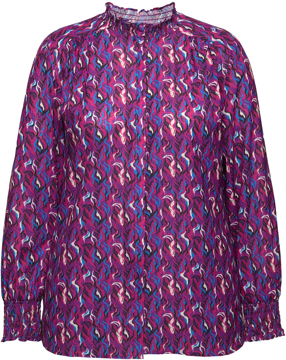 Ulla Popken - Dames - Blouse gerimpelde details A-lijn opstaande kraag - Donkerpaars - Maat 46+