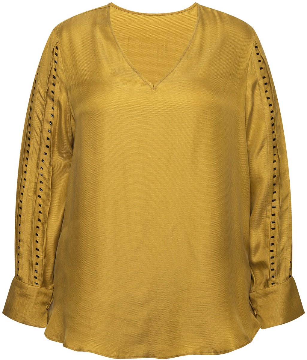 Ulla Popken - Dames - Cupro blouse parels V-hals lange mouwen - Olijfgroen - Maat 46+