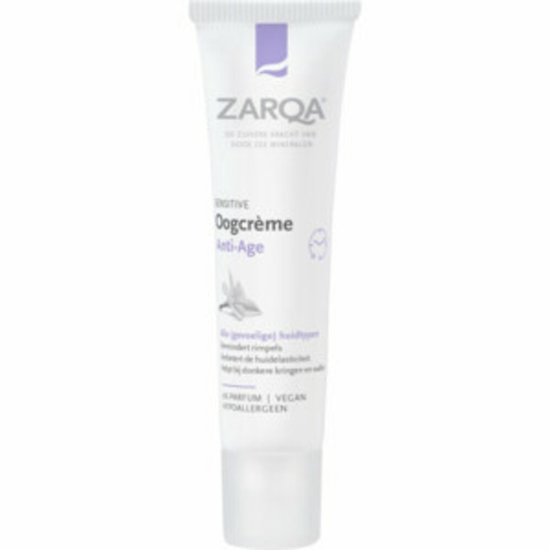 ZARQA Oogcrème Anti-Age Sensitive tube met paarse accenten.