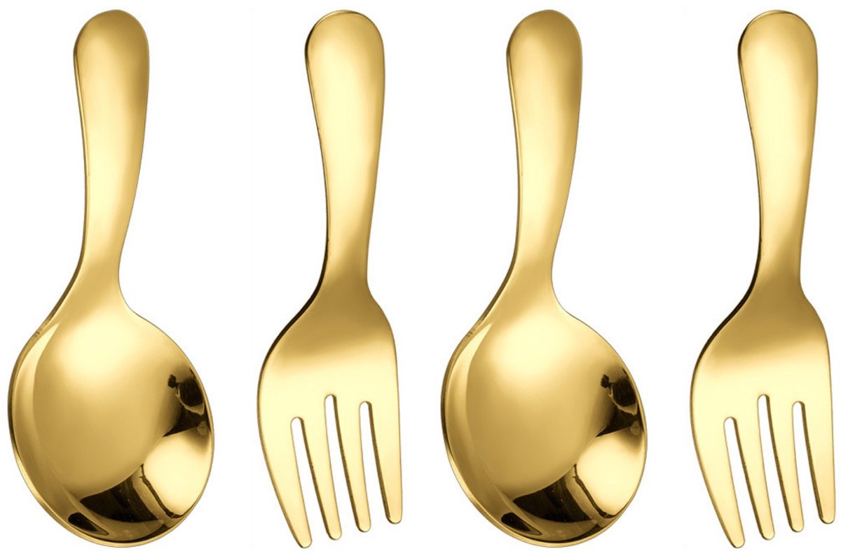 QTTVBTNA 4-delige herbruikbare bestekset - korte steel lepels en vorken - roestvrij staal - dessert, yoghurt, pasta, salade - geschikt voor kinderen en volwassenen - Goud