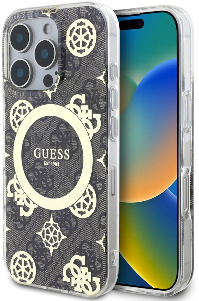 Guess Backcover - iPhone 16 Pro - Bruin - Magsafe IML - Slanke Transparante Randen