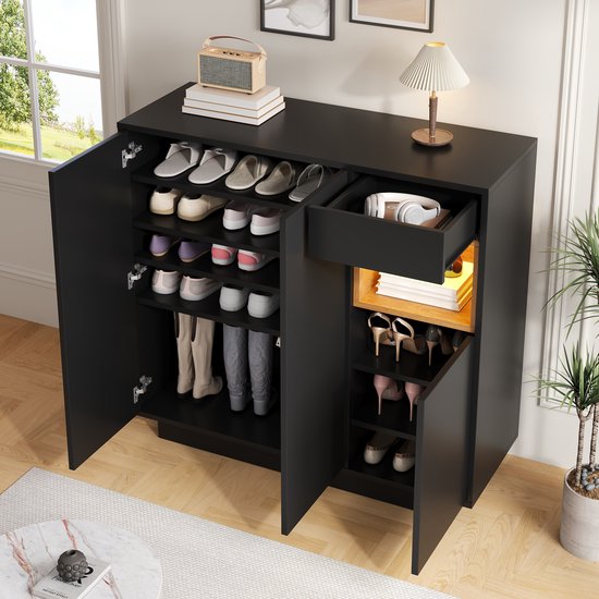 Sweiko Moderne schoenenkast 95 x 24 x 107 cm, met deur, gevuld, afneembare haken, gouden bekleding, verstelbare planken, twee kleine laden en open planken (wit