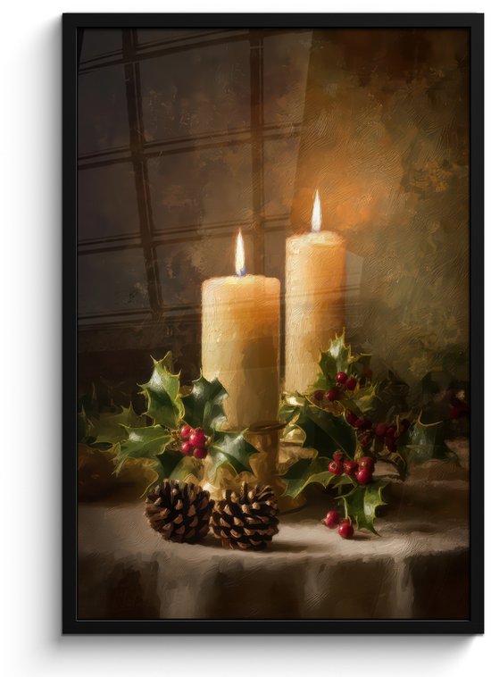 Poster in lijst - Fotolijst 60x90 cm - Posters - Kaarslicht - Kerst - Veelkleurig - Posterlijst zwart - Decoratie - Wanddecoratie woonkamer - Muurdecoratie slaapkamer - Kerstversiering - Kerstdecoratie voor binnen - Kerstmis