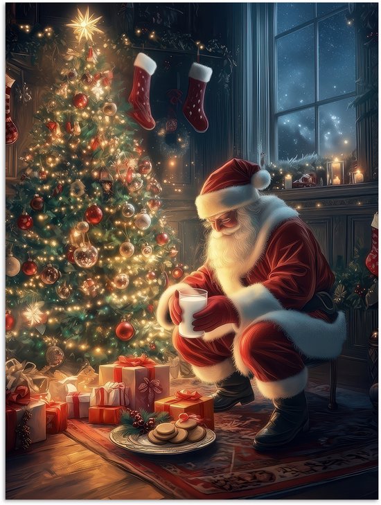 Poster 90x120 cm - Kerstman - Haard - Donker - Posters - Kamer decoratie - Wanddecoratie woonkamer - Muurdecoratie slaapkamer - Kerstversiering - Kerstdecoratie voor binnen - Kerstmis
