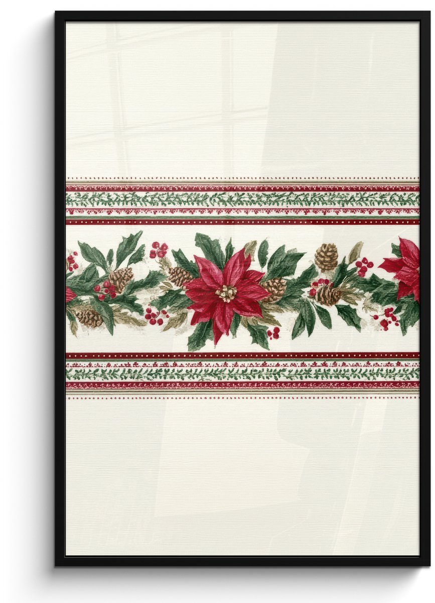 FrameYourWall Poster in lijst - Fotolijst 80x120 cm - Posters - Kerststrook - Pointia - Rood - Groen - Posterlijst zwart - Decoratie - Wanddecoratie woonkamer - Muurdecoratie slaapkamer - Kerstversiering - Kerstdecoratie voor binnen - Kerstmis Kerststrook - Poinsettia - Rood - Groen