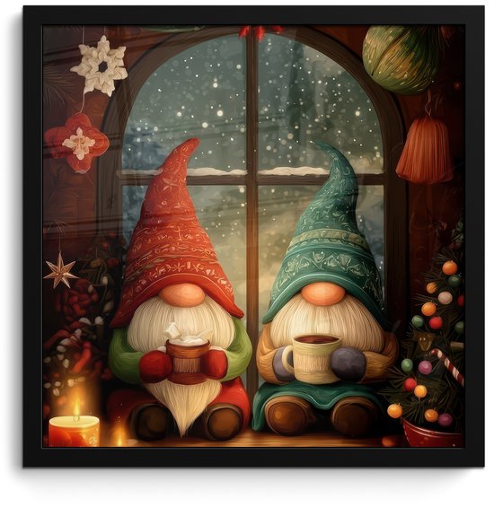 Poster in lijst - Fotolijst 40x40 cm - Posters - Gnooms - Kerst - Raam - Kleurrijk - Posterlijst zwart - Decoratie - Wanddecoratie woonkamer - Muurdecoratie slaapkamer - Kerstversiering - Kerstdecoratie voor binnen - Kerstmis