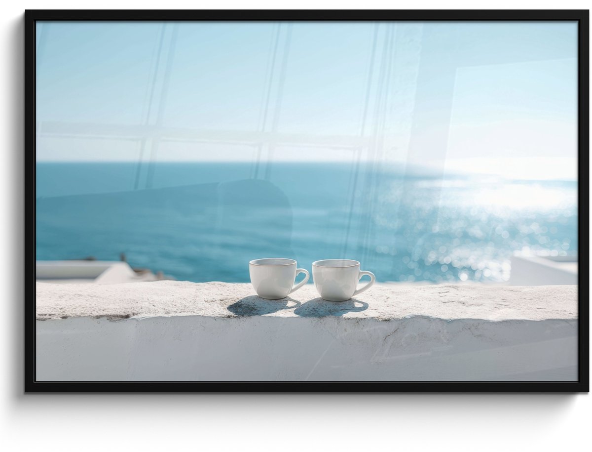 FrameYourWall Poster in lijst - Fotolijst 120x80 cm - Posters - Zee - Koffiekopjes - Zomers - Posterlijst zwart - Decoratie - Wanddecoratie woonkamer - Muurdecoratie slaapkamer