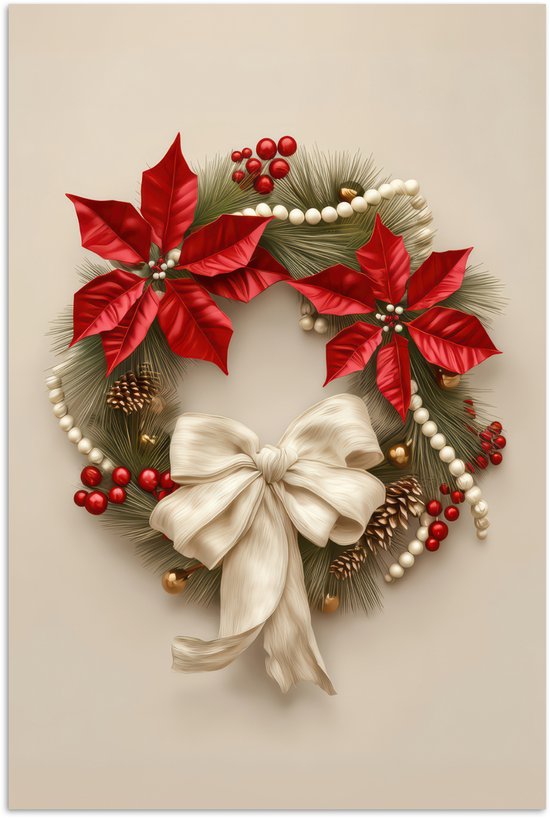 Poster 60x90 cm - Deurkrans - Strik - Kerst - Rood - Groen - Posters - Kamer decoratie - Wanddecoratie woonkamer - Muurdecoratie slaapkamer - Kerstversiering - Kerstdecoratie voor binnen - Kerstmis