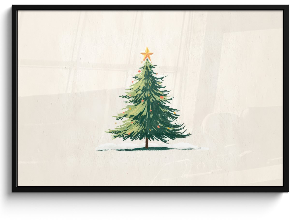 FrameYourWall Poster in lijst - Fotolijst 120x80 cm - Posters - Kerstboom - Illustratie - Ster - Sneeuw - Posterlijst zwart - Decoratie - Wanddecoratie woonkamer - Muurdecoratie slaapkamer - Kerstversiering - Kerstdecoratie voor binnen - Kerstmis