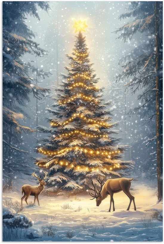 Poster 40x60 cm - Kerstlicht - Woud - Hert - Donker - Posters - Kamer decoratie - Wanddecoratie woonkamer - Muurdecoratie slaapkamer - Kerstversiering - Kerstdecoratie voor binnen - Kerstmis