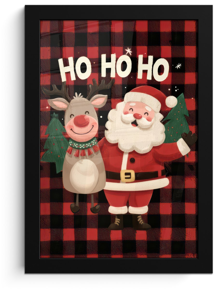 FrameYourWall Poster in lijst - Fotolijst 20x30 cm - Posters - Kerstman - Rendier - Tekst - Rood - Zwart - Posterlijst zwart - Decoratie - Wanddecoratie woonkamer - Muurdecoratie slaapkamer - Kerstversiering - Kerstdecoratie voor binnen - Kerstmis