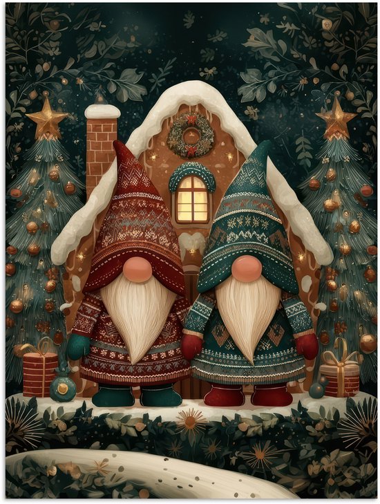 Poster 30x40 cm - Kerst - Gnomen - Peperkoekhuisje - Rood - Groen - Posters - Kamer decoratie - Wanddecoratie woonkamer - Muurdecoratie slaapkamer - Kerstversiering - Kerstdecoratie voor binnen - Kerstmis