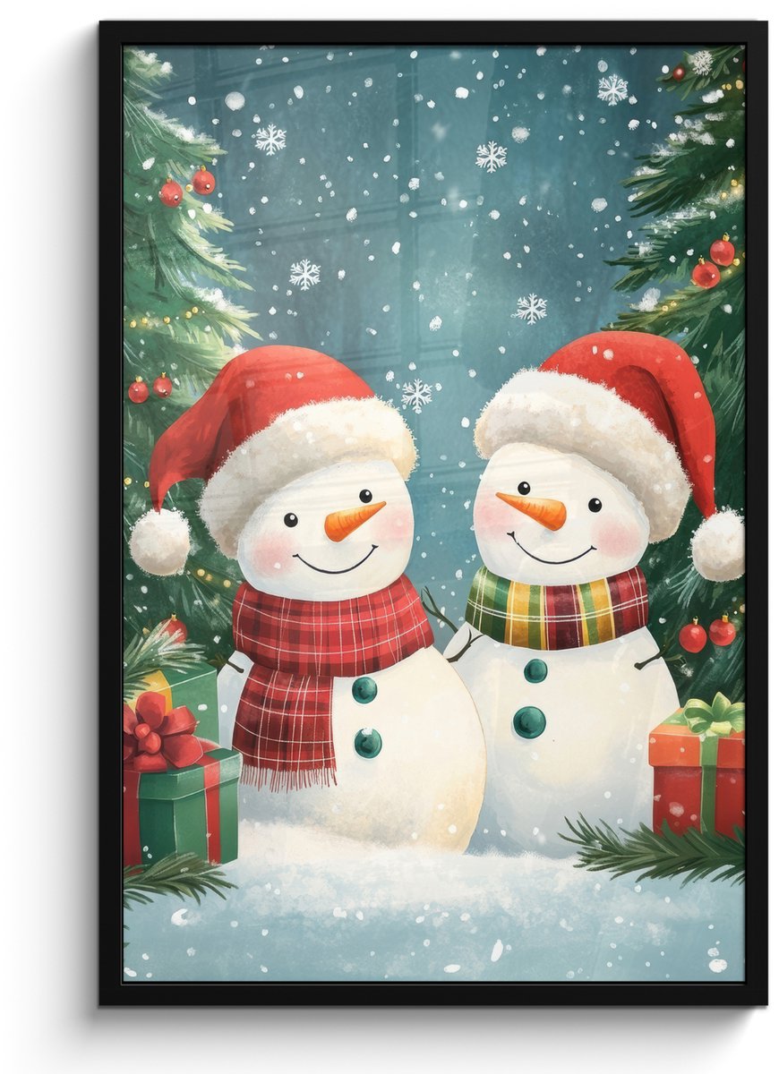 FrameYourWall Poster in lijst - Fotolijst 60x90 cm - Posters - Sneeuwpop - Kerstsneeuw - Groen - Rood - Posterlijst zwart - Decoratie - Wanddecoratie woonkamer - Muurdecoratie slaapkamer - Kerstversiering - Kerstdecoratie voor binnen - Kerstmis