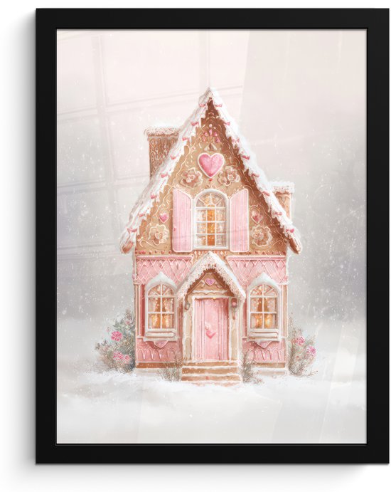 Poster in lijst - Fotolijst 30x40 cm - Posters - Huisje - Suiker - Pastel - Posterlijst zwart - Decoratie - Wanddecoratie woonkamer - Muurdecoratie slaapkamer - Kerstversiering - Kerstdecoratie voor binnen - Kerstmis