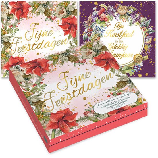 Set met twee kerstkaarten en een rode doos met amaryllissen en tekst: Fijne Feestdagen.