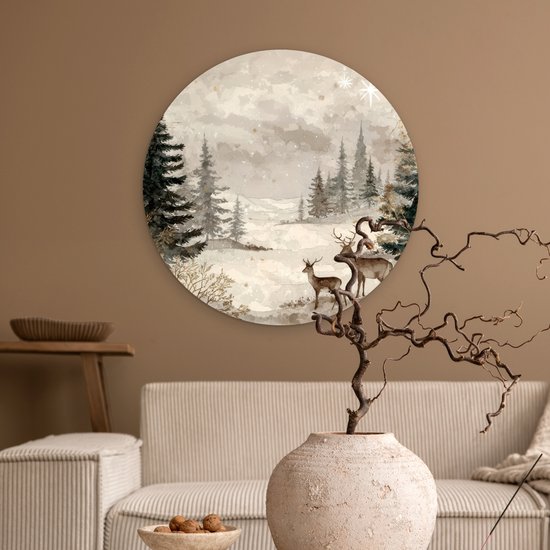 WallCircle® Wandcirkel 60x60 cm - Muurcirkel Bos - Herten - Winter - Sneeuw - Muurdecoratie woonkamer - Wanddecoratie slaapkamer - Kamer decoratie accessoires - Ronde schilderijen