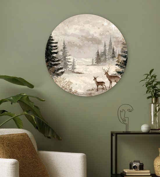 WallCircle® Wandcirkel 60x60 cm - Muurcirkel Bos - Herten - Winter - Sneeuw - Muurdecoratie woonkamer - Wanddecoratie slaapkamer - Kamer decoratie accessoires - Ronde schilderijen