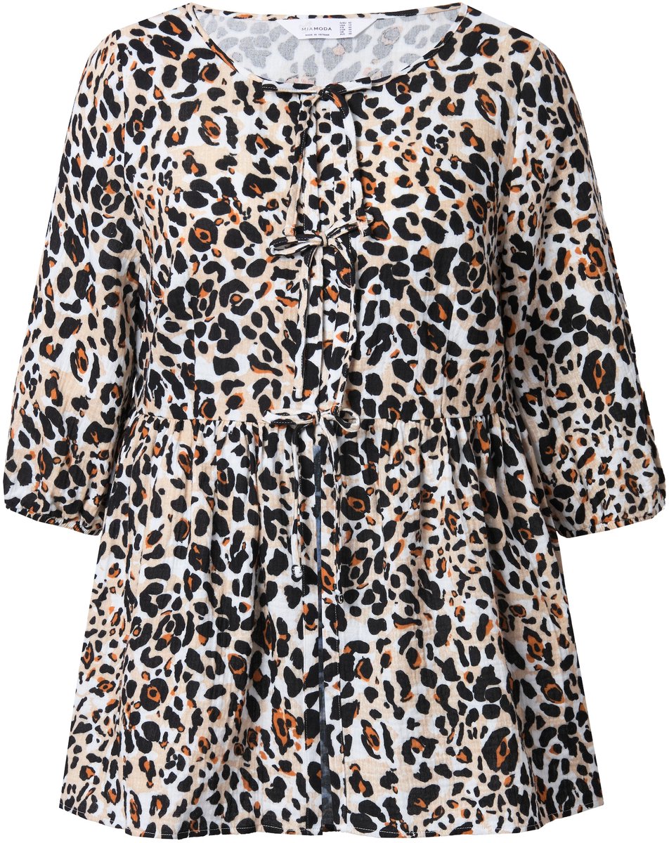 MIAMODA - Dames - Blouse A-lijn mousseline luipaard strikbandjes - Zwart - Maat 42