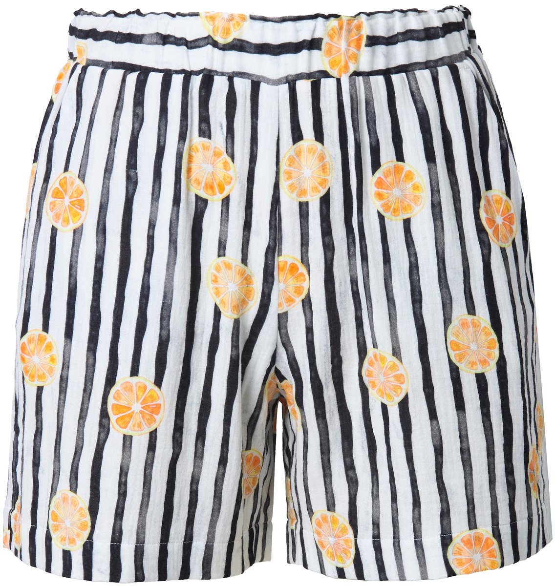 Studio Untold - Dames - Gestreepte shorts wide legs fruitprint - Zwart - Maat 42