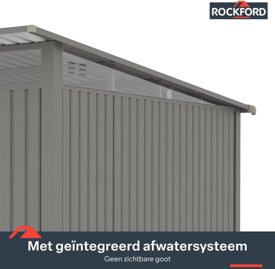 Rockford Porto 400 metalen tuinhuis met lessenaarsdak - Tuinschuur met centraal slot, polycarbonaat ramen en regenpijpen - 296 x 318 cm - Grijs