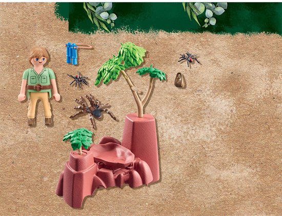 Playmobil figuur met bruine spinnen en roze rotsformaties.