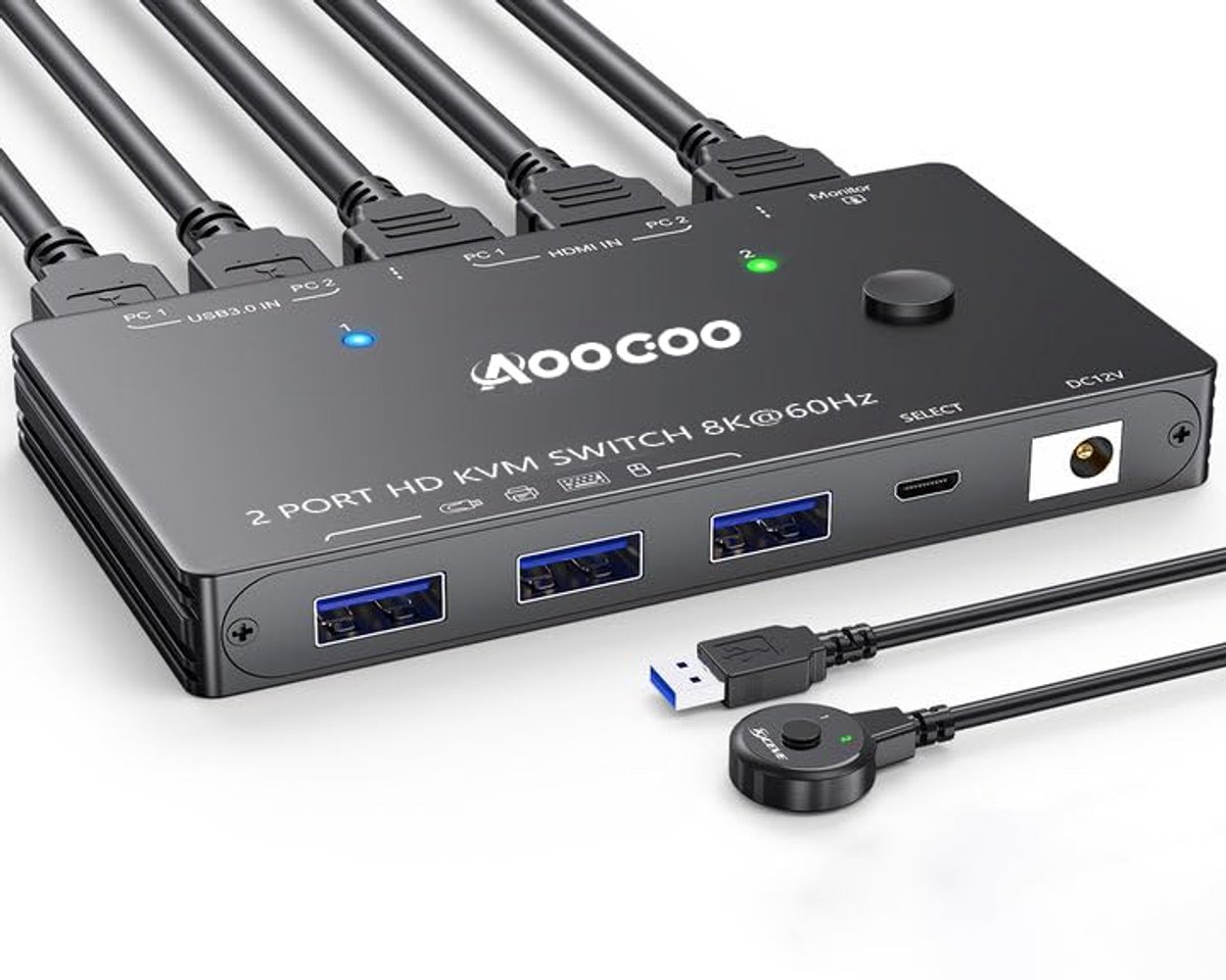 KVM Switch 2 Computers 1 Monitor 8K 60Hz 4K 120Hz USB 3.0 en Afstandsbediening