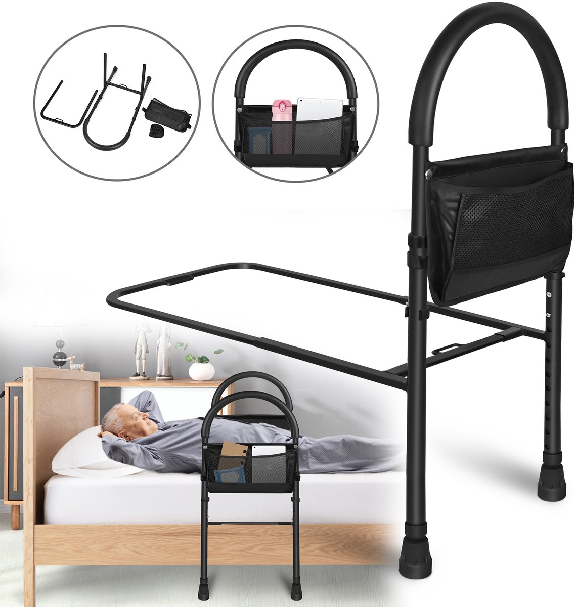 Froadp Opvouwbare bedhek, opstahulp, bedhandgrepen, valbeveiliging, hulpmiddel voor senioren, verstelbaar 83-113 cm, met anti-slip bedgreep, stabiele voeten en opbergtas, tot 150 kg