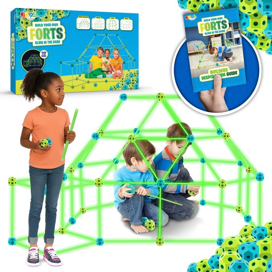 Joya Creative Fort Bouwpakket Glow in the Dark 130pcs - Constructiespeelgoed - Buitenspeelgoed - Bouwsets - Montessori Speelgoed - Speelgoed 3 Jaar - Speelgoed 4 jaar - Speelgoed 5 jaar