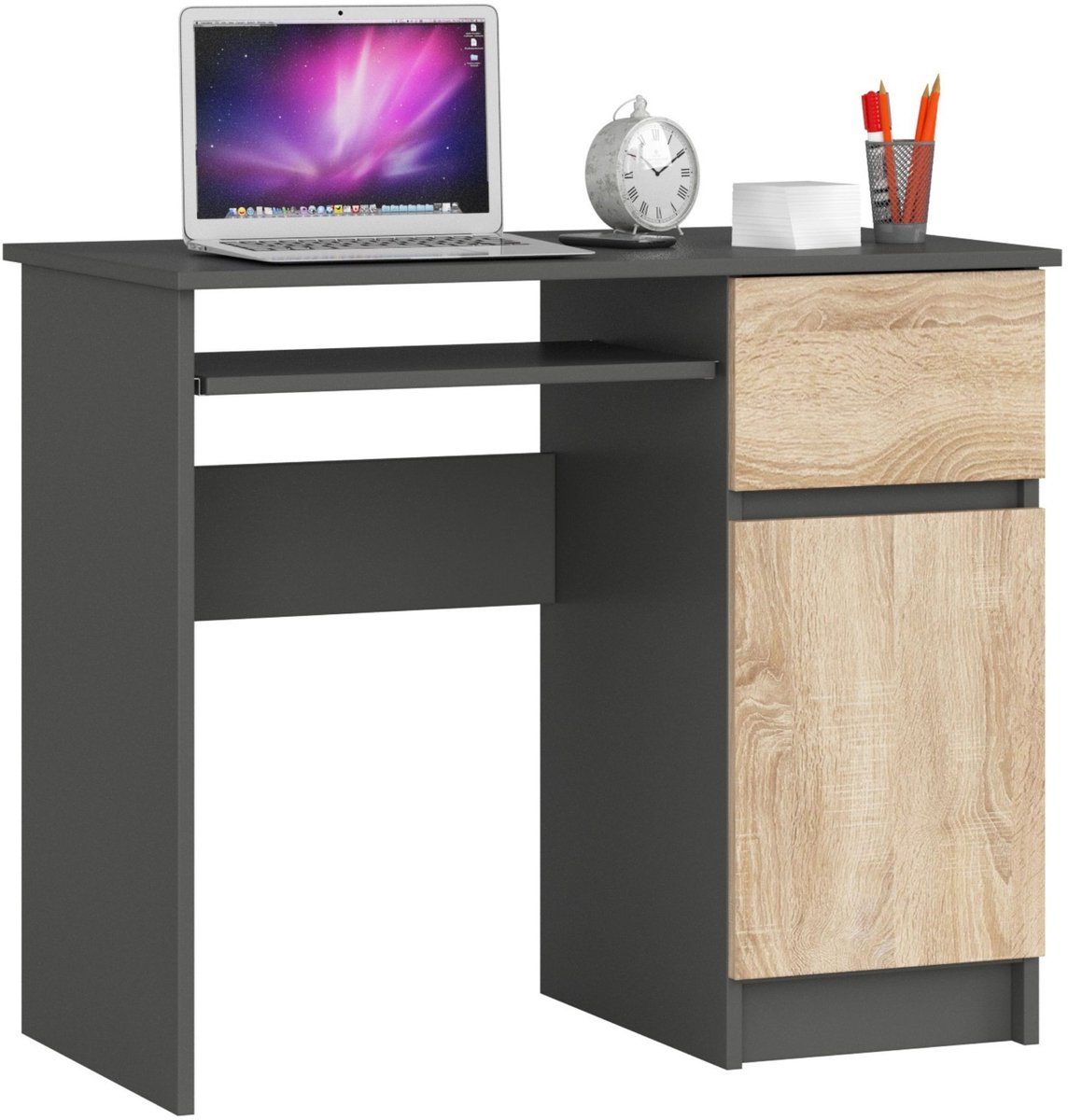 Bureau Rechts PIKSEL / Computerbureau / Computer Tafel / Bureautafel Rechts / Grafietgrijs - Sonoma Eik / 90 x 77 x 50 cm