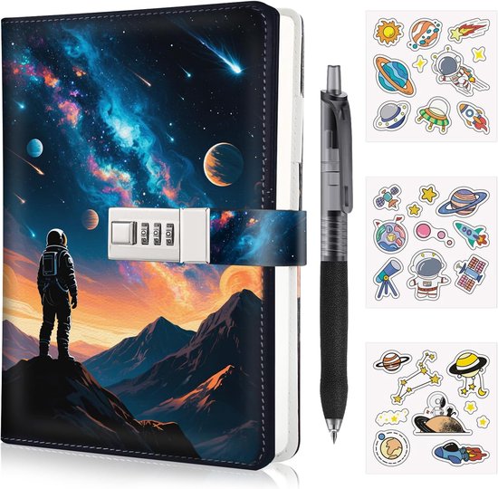 Dagboek met ruimte-opdruk: astronaut op berg, sterrennevel, planeten. Bevat slot, pen en stickers.