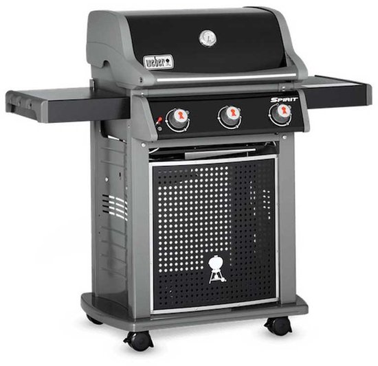Grijze Weber Spirit E-310 gasbarbecue met zwarte deksel, zilveren accenten en drie rode knoppen.