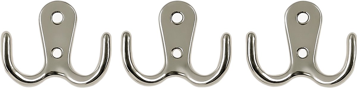 Set van 3 eenvoudige dubbele kapstokhaken, zilver