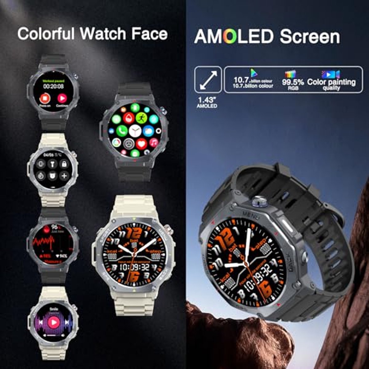 Militaire GPS-smartwatch met AMOLED-display en 170 sportmodi