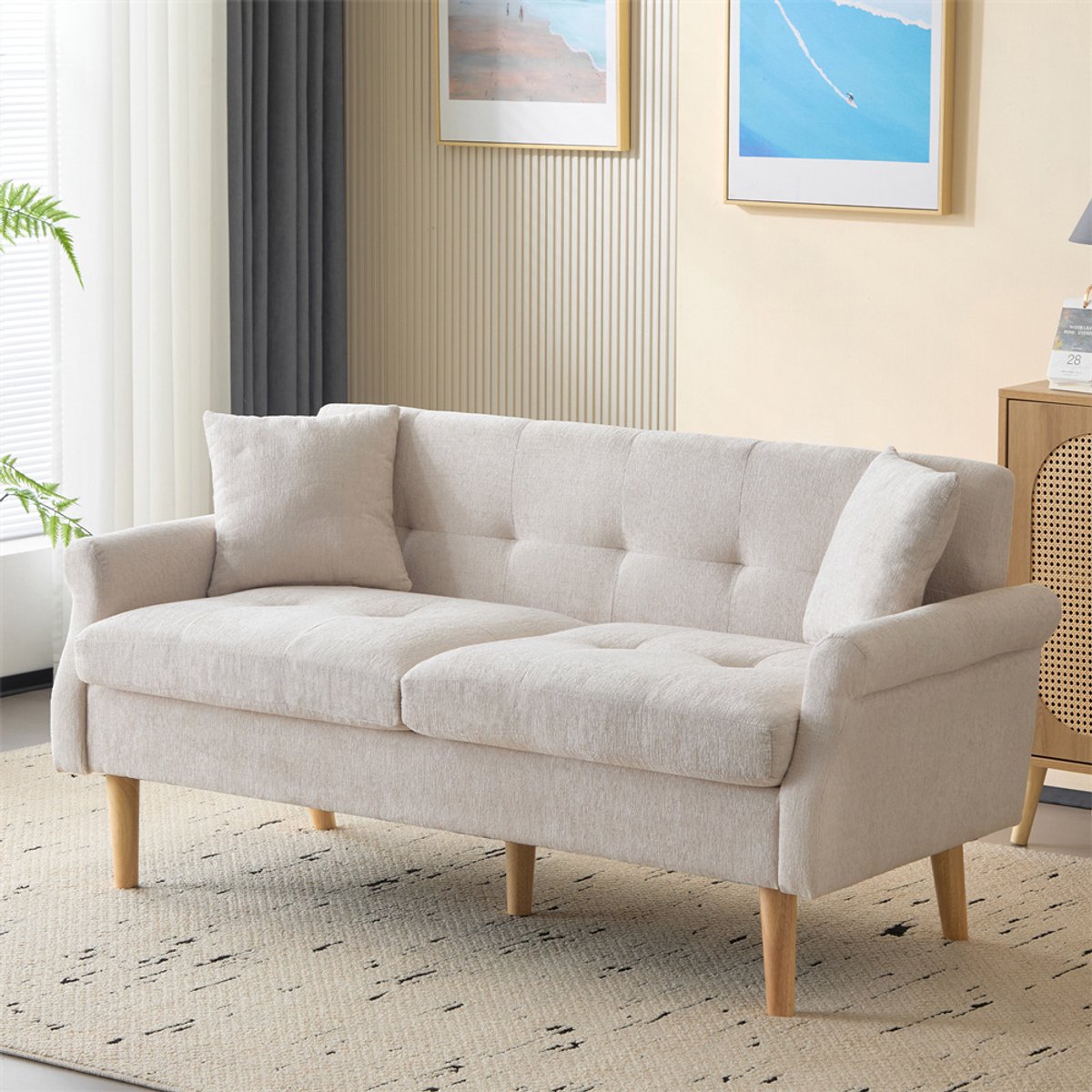 YEHTOKHOME Gestoffeerde bank met armleuningen en poten van massief hout, moderne 2-zitsbank met 2 kussens, tweezitsbank van chenille stof voor woonkamer, slaapkamer, appartement, beige