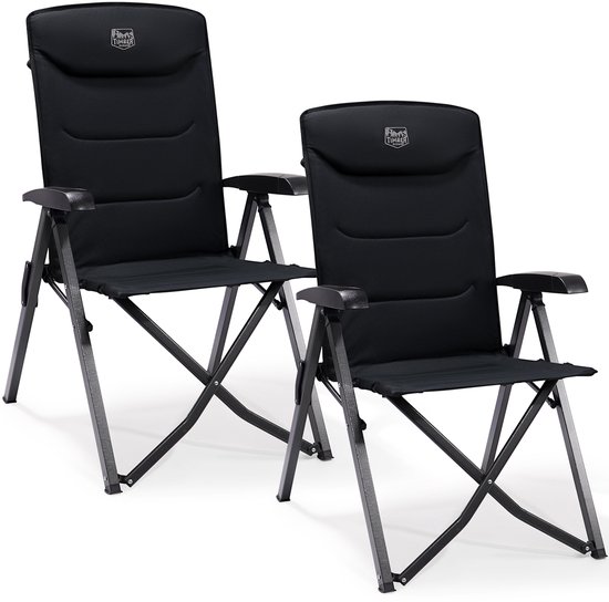 Twee identieke zwarte, opvouwbare campingstoelen met hoge rugleuningen en armleuningen.
