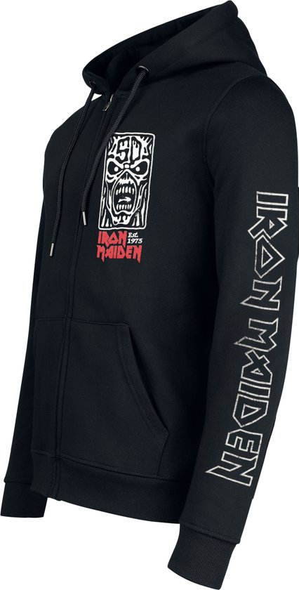 Zwarte hoodie met ritssluiting, capuchon en 'Iron Maiden' op de mouw.
