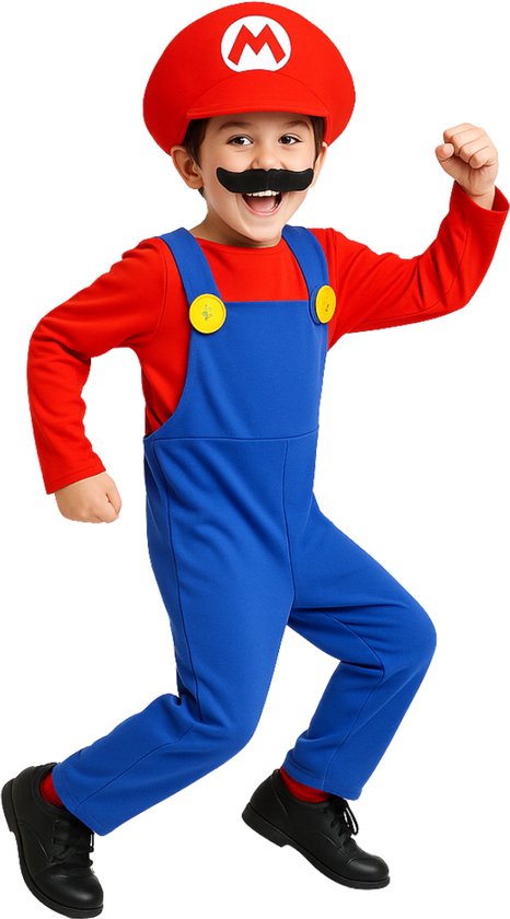 Joya Kids® Loodgieter Verkleedpak Kind | Inclusief Pet & Snor | Super Verkleedkleding voor Jongens & Meisjes | Stretch Jumpsuit Carnaval & Halloween | Maat M