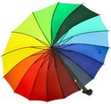 Grote regenboogparaplu met 16 gekleurde vlakken in rood, oranje, geel, groen, blauw en grijs. Zwarte steel met gebogen handvat.
