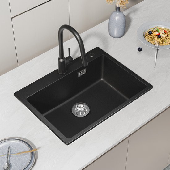 Évier de cuisine en granit CECIPA max 60 x 45 cm Anthracite - Éviers avec robinet - Acier inoxydable - Évier avec système d'évacuation d'eau - Évier en granit avec égouttoir