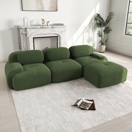 Canapé d'angle modulable sans assemblage, ergonomique et adapté aux animaux, en tissu velours côtelé avec accoudoirs extra-larges, rembourrage 32D hautement élastique pour salon et chambre, vert