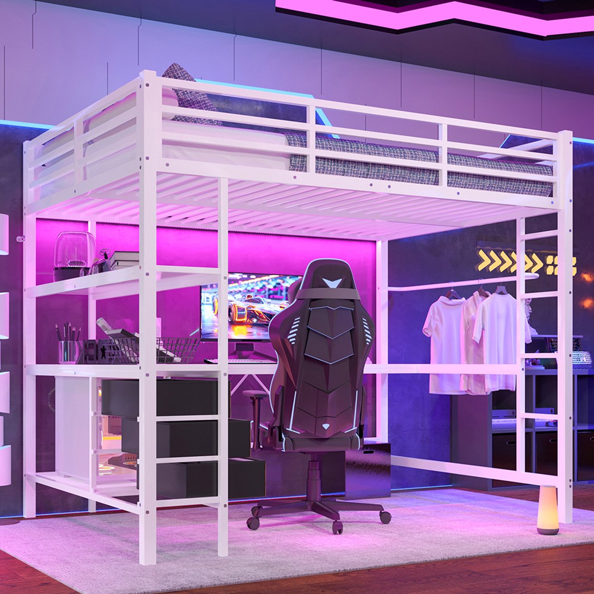 KOMHTOM BLACKCOLORS Hoogslaper, 140*200 cm, met ledverlichting, bureau, stopcontact + USB, 3 lades, planken, leuning, trap, zonder matras, wit