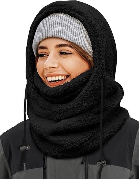 Bonnet, écharpe et masque 3 en 1 pour femme - Écharpe à capuche d'hiver - Bonnet coupe-vent pour femme - Protection contre le froid - Masque de ski d'hiver pour hommes et femmes - Bonnet coupe-vent avec capuche pour femme - Cagoule - Zwart