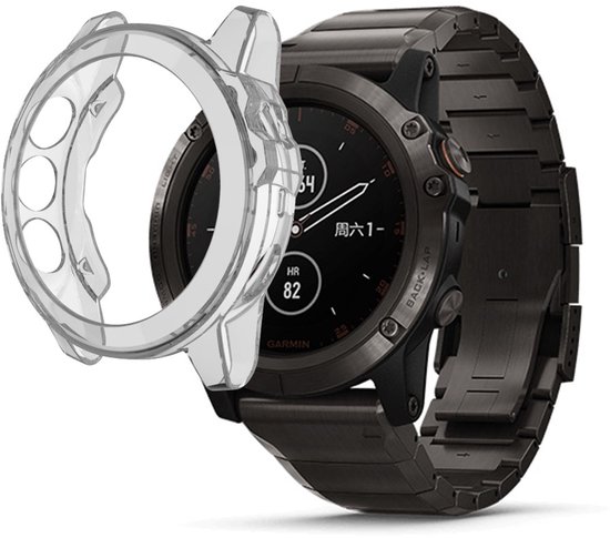 Transparant TPU hoesje naast een donkerkleurig Garmin Fenix smartwatch met metalen band.