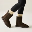 Benen van een vrouw in bruine suède laarzen, crème gebreide beenwarmers en zwarte legging.