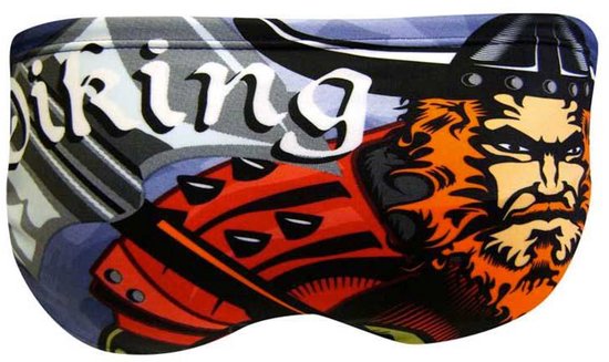Maillot de bain noir et orange avec imprimé Viking. Texte 'Viking' en lettres blanches.