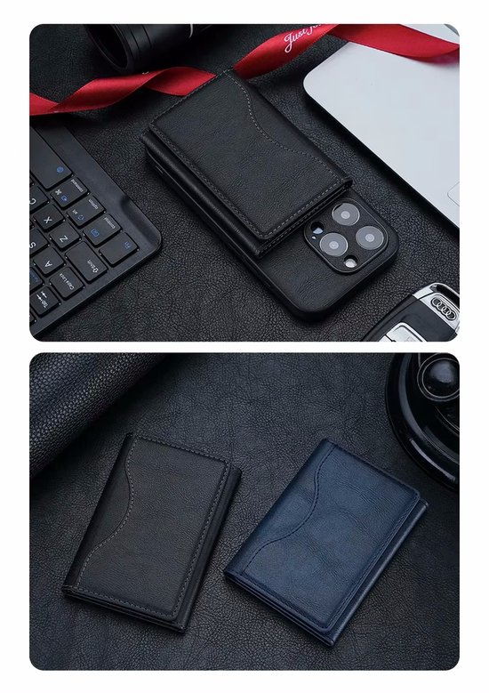 Zwarte telefoonhoes met magnetische pasjeshouder, naast een laptop en sleutels.