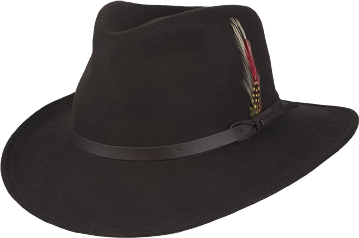 Hatland - Dakota - Vilten hoed met veer - Bruin - Maat M - Unisex
