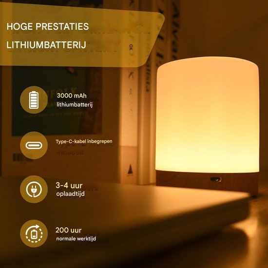 QTTVBTNA -LED Nachtlamp met Touch Dimming - 7 Kleuren & 3 Kleurovergangen - USB Opladen & Draadloos Oplaadstation - Houtnerf Design - Sfeerlamp voor Slaapkamer, Woonkamer, Nachtkastje of Camping van QTTO — afbeelding 3